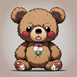 A light-brown teddy bear with a very angry expression upon it's face in takashi murakami art style
