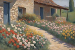 sunny day, stone wall, flowers, spring, normal mountains, river, rocks, distant house, epic, gustave caillebotte, isidore verheyden, and otto pippel paintings