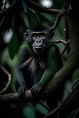 Dark green monkey sitting in a tree with finnes, Sharp teeths, long tail, night vision and big ears
