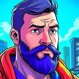 comic book realistic man with beard character closeup city background