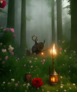 roses, axe, viking, romance, fantasy, fairies, runes, norse, red, goth, low lighting, octane render, ambiance, professional photo, unreal engine, shadows, eerie