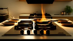 active stovetops emitting a warm glow flames in a realistic kitchen