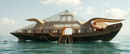 benign transparent superwood alien mega scifi pyramid katamaran boat with superwood draw bridge and wing doors