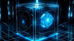 Cube tesseract from movie Loki. Located strictly in the middle of picture with space around it and with navy blue glow inside tesseract. Will be used for 404 error page.