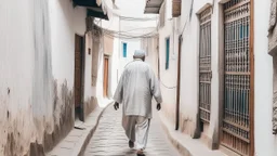 Rear view of an elderly Moroccan walking in a Moroccan alley with white walls