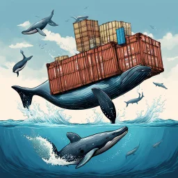 A whale carrying shipping containers on its back , swimming in the ocean. Digital Art, Digital Drawing