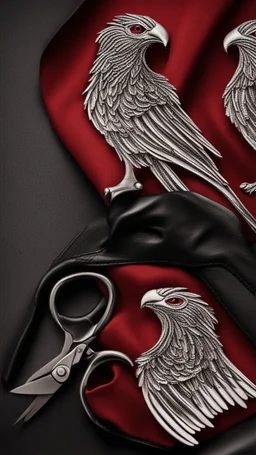 White clipped wings on a red fabric, next to scissors and black leather gloves. Cinematic image