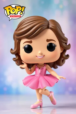 Funko Pop, very young female 12 , medium wavy brown hair, pink ballerina dress, dance pose, smiling, very happy, colorful background, face painted, typography, 3D render.