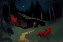 Night, cabin, pine trees, pathway, red flowers, edouard manet impressionism painting