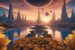 beautiful cosmic ambience galactic orbital stations cosmic city, pure harmony, soft blue, galactic, magic, sunrise, transcendent, divine, warm look, fantastic magical colors and gold flowers background, ultra sharp focus, ultra high definition, 8k, unreal engine5background, colored lake, ultra sharp focus, ultra high