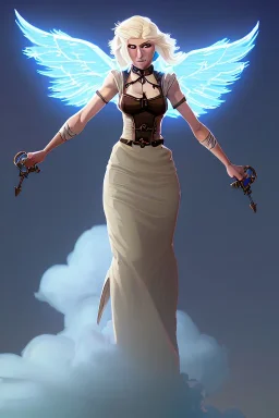 blue sky billowing clouds, blonde steampunk angel in a gown, majestic