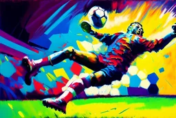 Oil painting, football match, the striker is kicking a goal, the ball is flying, bright but not neon colours, dynamic lines, dynamic blobs, spots, lines in the background of the character, like a colour explosion, A visually striking piece filled with dynamic brushstrokes, reminiscent of the impasto technique used in Vincent Van Gogh's Post-Impressionist paintings. The composition features bold colors and unblended strokes, creating a sense of depth and movement that defies traditional art style