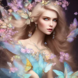 bright fairy, beautiful portrait, blond hair,blue eyes, flowery luminous pastel colors, butterfly