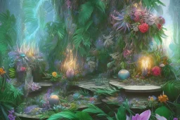 Tropical flowers,heart drawing, crystals, tropical leaves, sacred altar, Fantasy temple