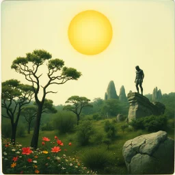 Polaroid photo of a peaceful marvelous landscape, trees, flowers, giant sun, bas-relief, decal, very spooky figure, intricate, rock formations, atmosphere of a Max Ernst painting, Henri Rousseau, thoughtful, interesting, a bit appalling, smooth