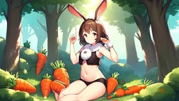 Girl, brown rabbit ears , brown rabbit tail, brown hair, open navel, forest, morning, carrot in hand, sit, , fur on hand and feet.