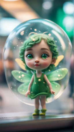 portrait of tiny green winged fairy completly inside bubble at the train station,bokeh like f/0.8, tilt-shift lens 8k, high detail, smooth render, down-light, unreal engine, prize winning