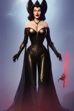 Ava Gardner as evil queen in black leather, busty, cleavage, curvy, angry, stern look. character design by cory loftis, fenghua zhong, ryohei hase, ismail inceoglu and ruan jia. unreal engine 5, artistic lighting, highly detailed, photorealistic, fantasy