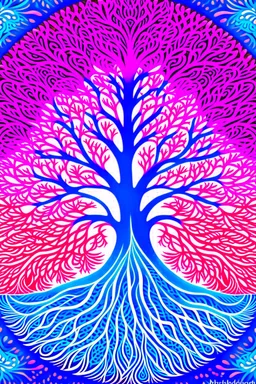 Tree of life; fractal art; optical art; m. c. escher; electric blue to pink to white gradient