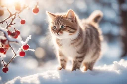 A beautiful little cat catches a berry while standing on a snowy branch in sunshine, ethereal, cinematic postprocessing, bokeh, dof