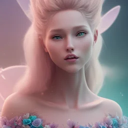 a large pink castle, a cheerful fairy in front, big smile, pink, blonde hair, beautiful, whole face, whole top hair head, wide open blue eyes, transparent wings onn the back, hyperrealism, masterpiece, expert, cinematic lighting, sharp focus, 8K, pastel, macro lens, woman, detailed, flower