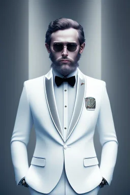 8K, a Highly detailed stunning portrait of Dom man with a kneeling woman, white suit, beard, and short hair, bad boy