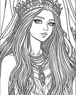 a coloring page of a princess with long hair and a tiable, coloring pages, colouring pages, princess girl, beautiful princess, coloring book outline, beautiful female princess, princess portrait, colouring page, line art colouring page, black and white coloring, colouring - in sheet, wearing tiara, extremely fine ink lineart, princess in foreground, outline art, coloring page