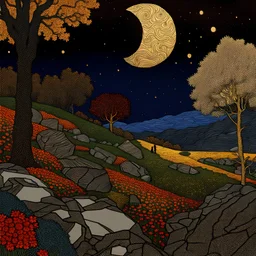 Colourful, peaceful, Egon Schiele, Max Ernst, Vincent Van Gogh, night sky filled with galaxies and stars, rocks, trees, flowers, one-line drawing, sharp focus, 8k, deep 3d field, intricate, ornate