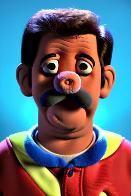 Waist up muppet Portrait, Nicolas maduro us muppet doll, Venezuelan president, tracksuit red blue and yellow, mustache, photo studio, red background, unreal engine 5, concept art, art station, ray tracing, lumen lighting, ultra detail, volumetric lighting, 3d.