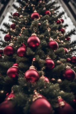 Closeup tall Christmas tree but with heads as decorations, the perspective looking up, 8k, macro photography by <John Kenn Mortensen>, darkred tones,