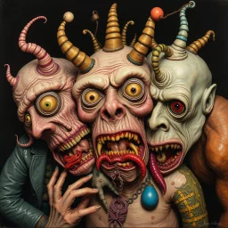 The oddest coagulation and mixture of beings, glossy finish, details very accentuated, stunning style, oniric, George Grosz, Max Ernst, James Ensor, disturbing, blatant, gross
