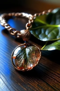 Combination of a small crystal on top of a young strawberry leave together processed by copper electroformation to create the most wonderful necklace pendant in the world