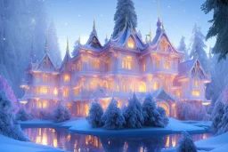 a magical crystal snow pink gold house palace in the woods, blue lake,sun,white swanns,pink vertical, blue lake,sharp, vines, candlelit, endor, ornate, elegant, highly detailed, artstation, concept art, smooth, sharp focus, illustration, 8k, splash art, wallpaper, key visual