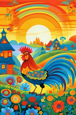 A vibrant and stylized rooster amidst a picturesque landscape with a bright orange sun in the top left corner of the image against a clear blue sky. To the right of the rooster are three small houses with brown roofs, indicating a rural setting. The landscape consists of rolling hills painted in multiple colors and patterns, adding to the fantastical nature of the scene. White flowers with yellow centers are scattered across the green areas of the hills, adding an element of natural beauty to th