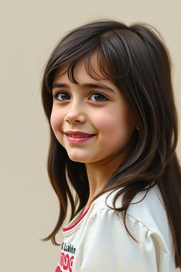 A five-year-old Palestinian girl with a beautiful face, turning her face slightly to the right, smiling slightly, her mouth closed, not showing her teeth, her eyes looking to the left, she looks drawn with oil paints