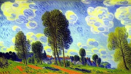 Big rocks, trees, clouds, alfred sisley impressionism painting