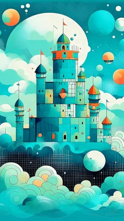 A light cyan fortress in the bubbly sky designed in German folk art painted by Wassily Kandinsky