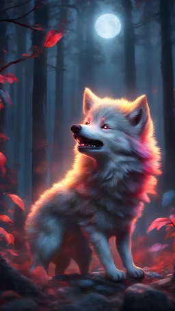 Kawaii, Baby Wolf, bully, All Body howling at the Moon, Horror lighting with red, yellow pink and blue colors, in the night forest, Caricature, Realism, Beautiful, Delicate Shades, Lights, Intricate, CGI, Botanical Art, Animal Art, Art Decoration, Realism, 4K , Detailed drawing, Depth of field, Digital painting, Computer graphics, Raw photo, HDR