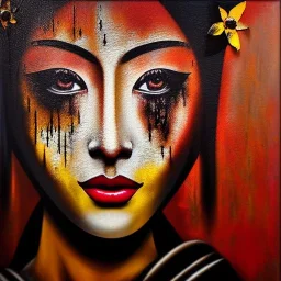 an abstract painting oil in canvas of rusted metal and flowers, Geisha portrait , rust, scaffolding, iron cladding, decay, mixed media, textured, anatomically correct, beautiful perfect face, sharp focus, highly detailed, masterpiece, realistic, intricate detail, sci-fi fantasy style, volumetric lighting, particles, highly detailed ,cinamatic , deep colours, 8k, by Gustav klimt and Caravaggio , signed YAK