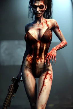 12k ultra-high-definition rendering of a zombie model in a photo studio ,The zombie, adorned in a red ripped tight dress, ripped sideways from top to bottom, long slit, shoes are fashionable platforms, big gun on side thigh, exudes a sinister aura under the studio's dark and mysterious lighting