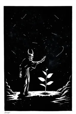 satan stands at the edge of a deep, shadowy abyss, reaching out a hand not in despair, but to steady a fragile, glowing seedling that has miraculously sprouted from the darkness. The scene is rendered in the stark, fragmented style of Georges Braque, with cubist influences breaking down the forms of the figure and the abyss. Celestial Symbolism elements weave through the composition, with faint constellations appearing in the void and the seedling emitting a divine, ethereal light.
