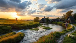 a village over high grassy hills,a small fall and river and wild flowers at river sides, trees houses ,next to Ripe wheat ready for harvest farm,windmill ,a few village local shops ,cloudy sun set sky, a beautifull lady in sports suit runimg to camera along river side