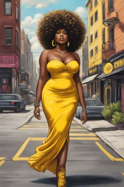 Create a pop punk chalk art image of a curvy black female walking thru the city streets wearing a yellow off the shoulder maxi sundress. Prominent make up with brown eyes. Highly detailed tight curly black shiny afro