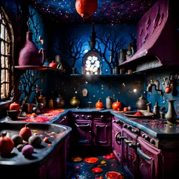 Detailed creepy kitchen made of modeling clay, naïve, Tim Burton, strong texture, extreme detail, Max Ernst, decal, rich moody colors, sparkles, Yves Tanguy, bokeh, odd