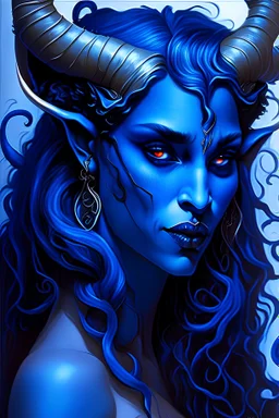 a captivating blue-skinned devil with elegant horns and allure beyond compare. Her seductive nature is represented through her enchanting voice, mesmerizing gaze, and irresistible charm. She has stunning blue skin that shimmers like a moonlit ocean. Her long, flowing hair cascades in midnight blue waves, framing her alluring face. Horns, elegantly curved like a crescent moon, adorn her forehead, adding an enigmatic charm to her appearance. Her eyes are deep pools of sapphire, holding a seductive