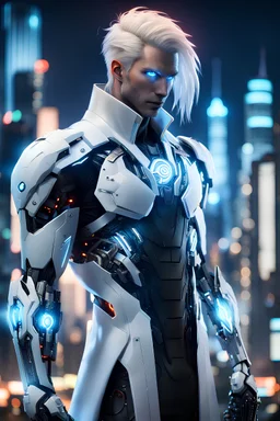 Man with Blonde & White Hair, glowing orange cybernetic eye, black cybernetic arm, white open coat, thin silver armor underneath night, city background, high detail, 4k, cyber wings