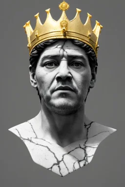 Ultra Realistic image, classic sculpture, white marble material, Maradona, gold crown of natural thorns, god crown, gold veins, gold ornaments, sun rays background, waist up portrait, epic, celestial, cinematic lighting, God lights, 4k resolution, smooth details, soft lighting, unreal engine 5, art station, substance 3d.