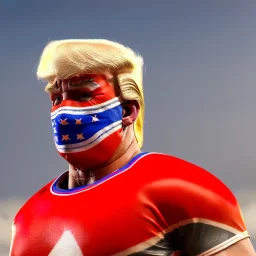 Realistic image of Donald trump wrestler, Mexican wrestling style, Mexican wrestling eyes mask, red and blue breeches, glow confederate flag dress, suspenders, retro style, 80s, vibrant color, highly detailed, sky background, concept art, unreal engine 5, god rays, ray tracing, RTX, lumen lighting, ultra detail, volumetric lighting, 3d, finely drawn, high definition, high resolution.