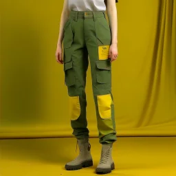 Women model catwalk wearing cargo jeans with patch with twill armor jellow and green