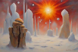 Sunny day, winter fantasy, ice, cosmic fantasy and sci-fi movies influence, rocks, rodolphe wytsman and ludwig dettman impressionism paintings